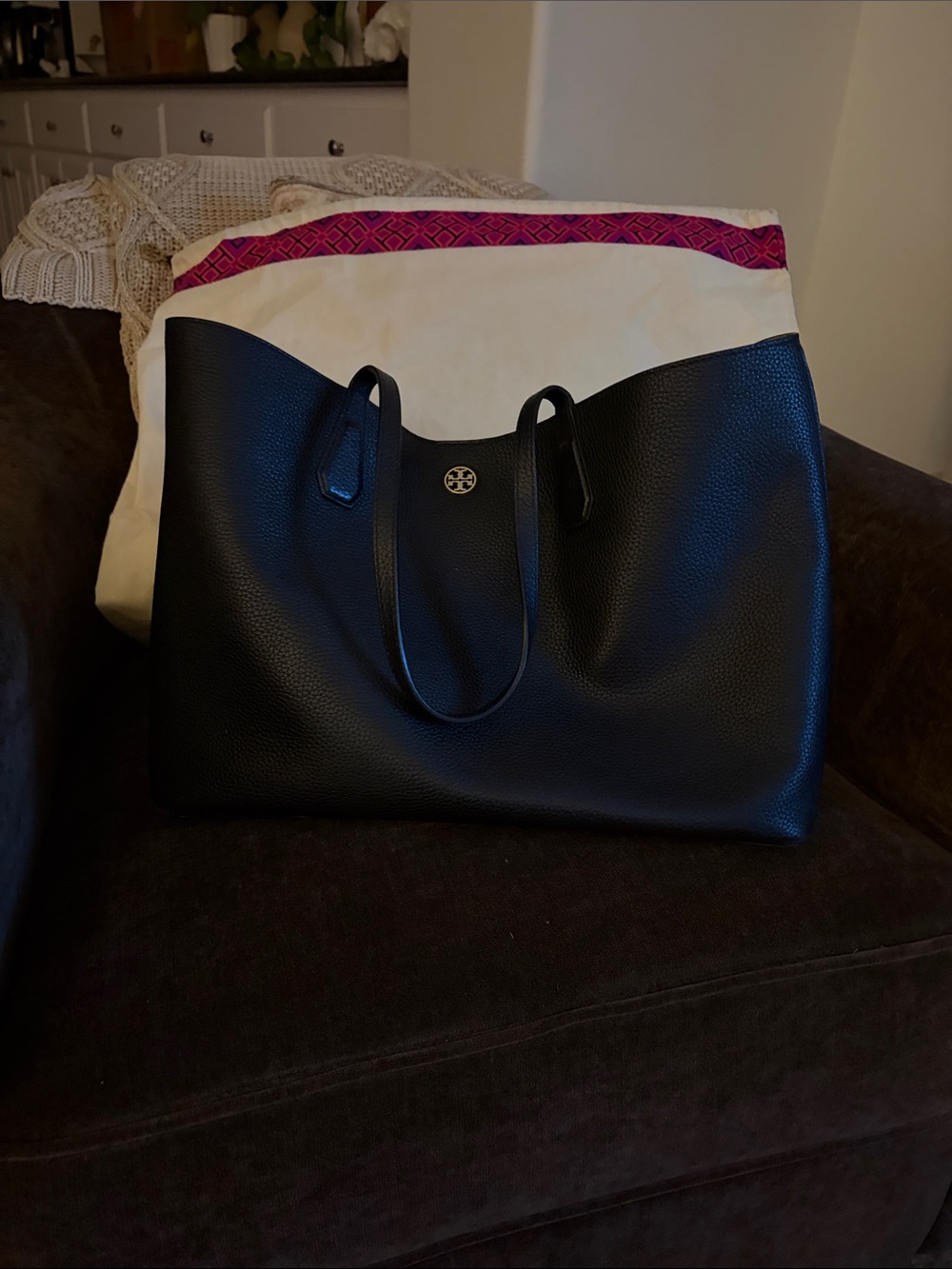 Tory Burch Black Pebbled Leather Tote with Gold Logo